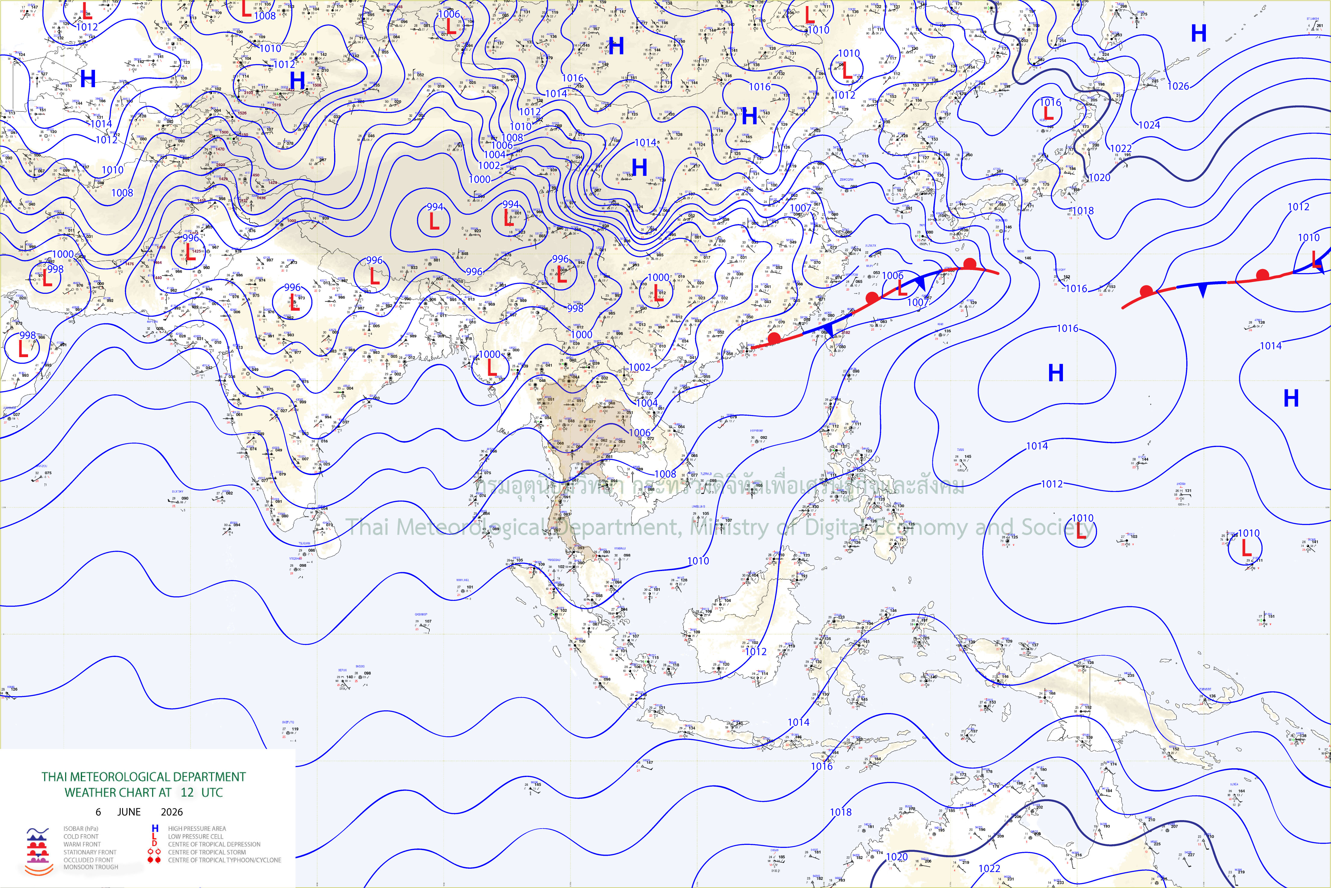 แผนที่อากาศผิวพื้น 6 มิถุนายน 2569 19:00