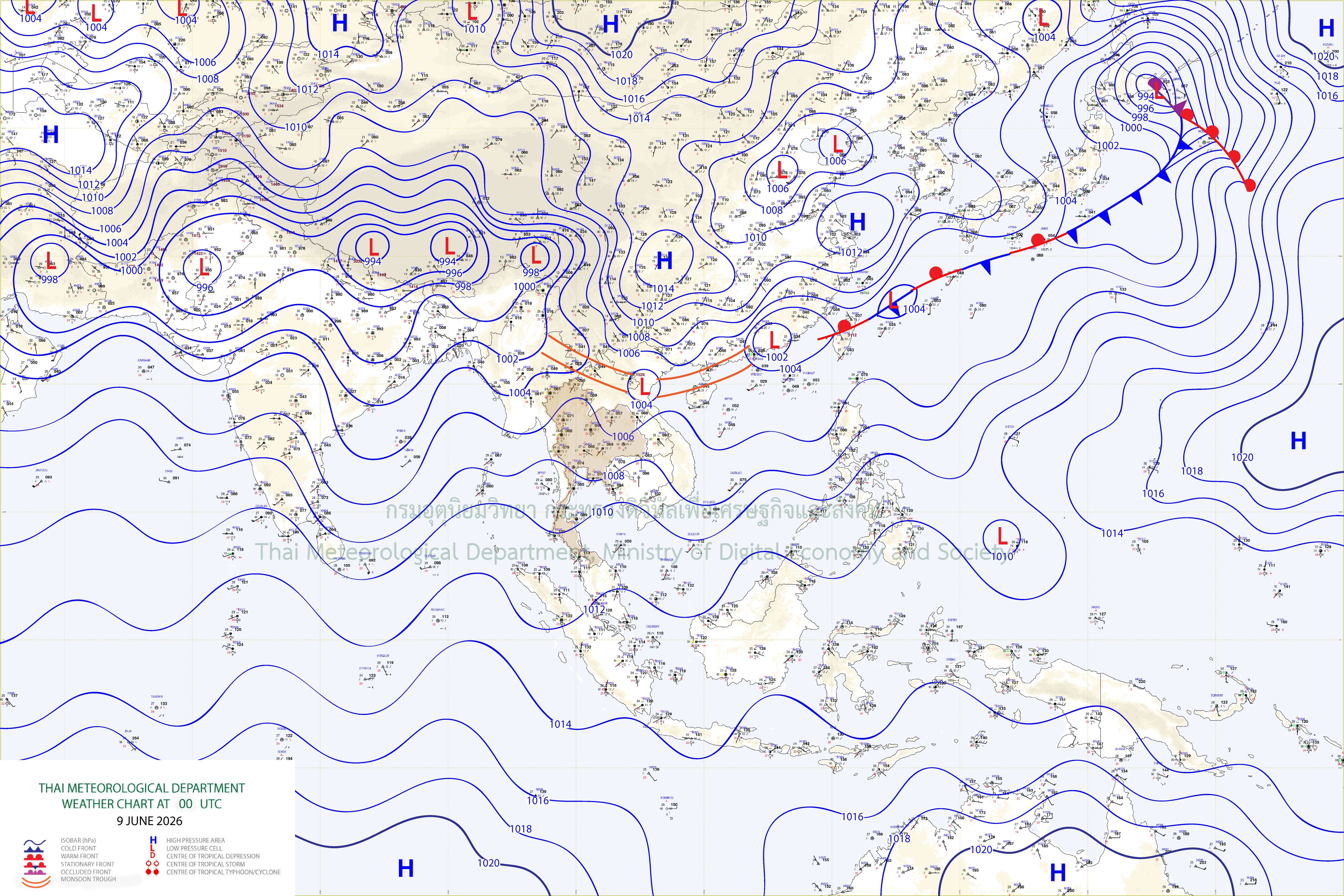 แผนที่อากาศผิวพื้น 9 มิถุนายน 2569 07:00