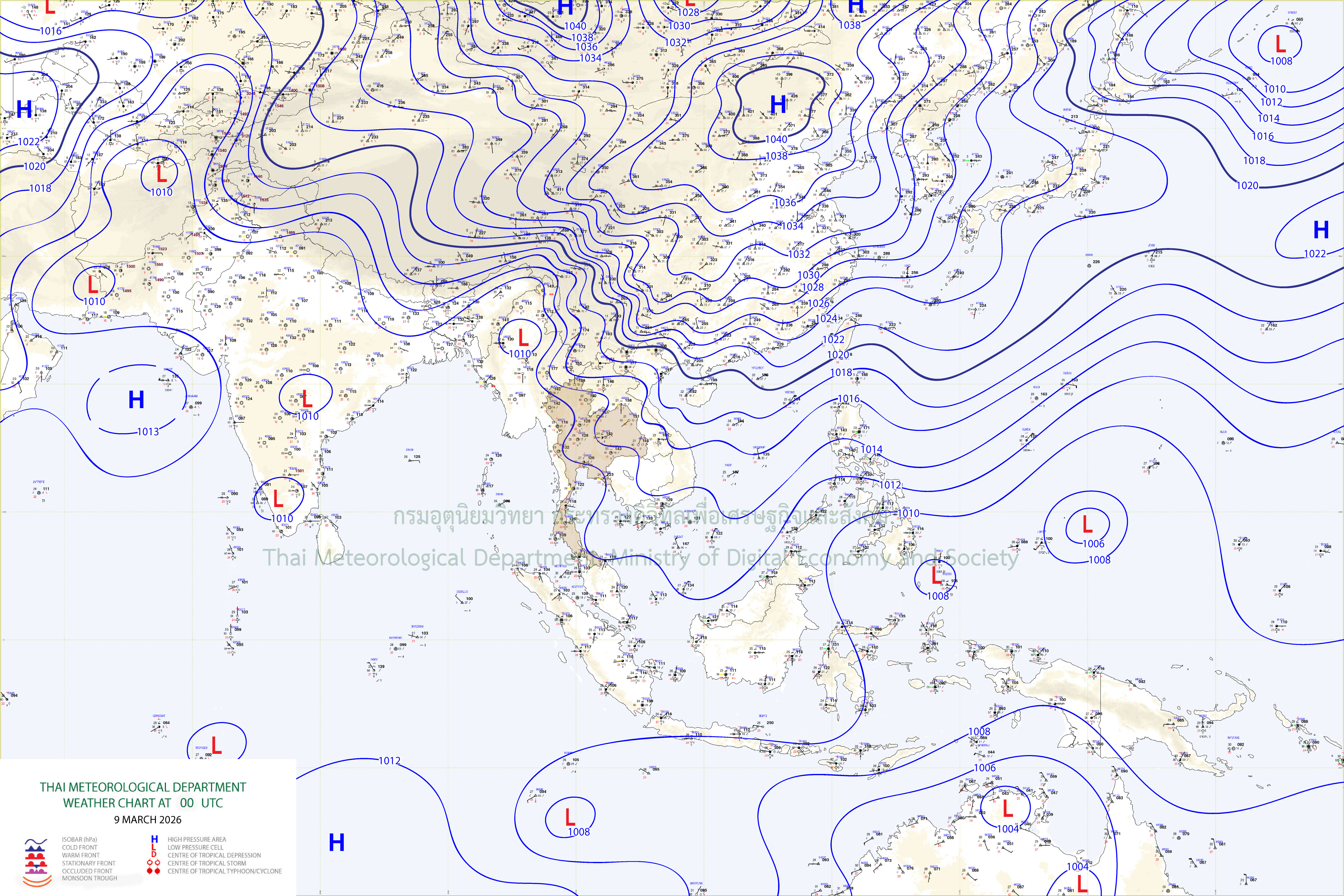แผนที่อากาศผิวพื้น 9 มีนาคม 2569 07:00