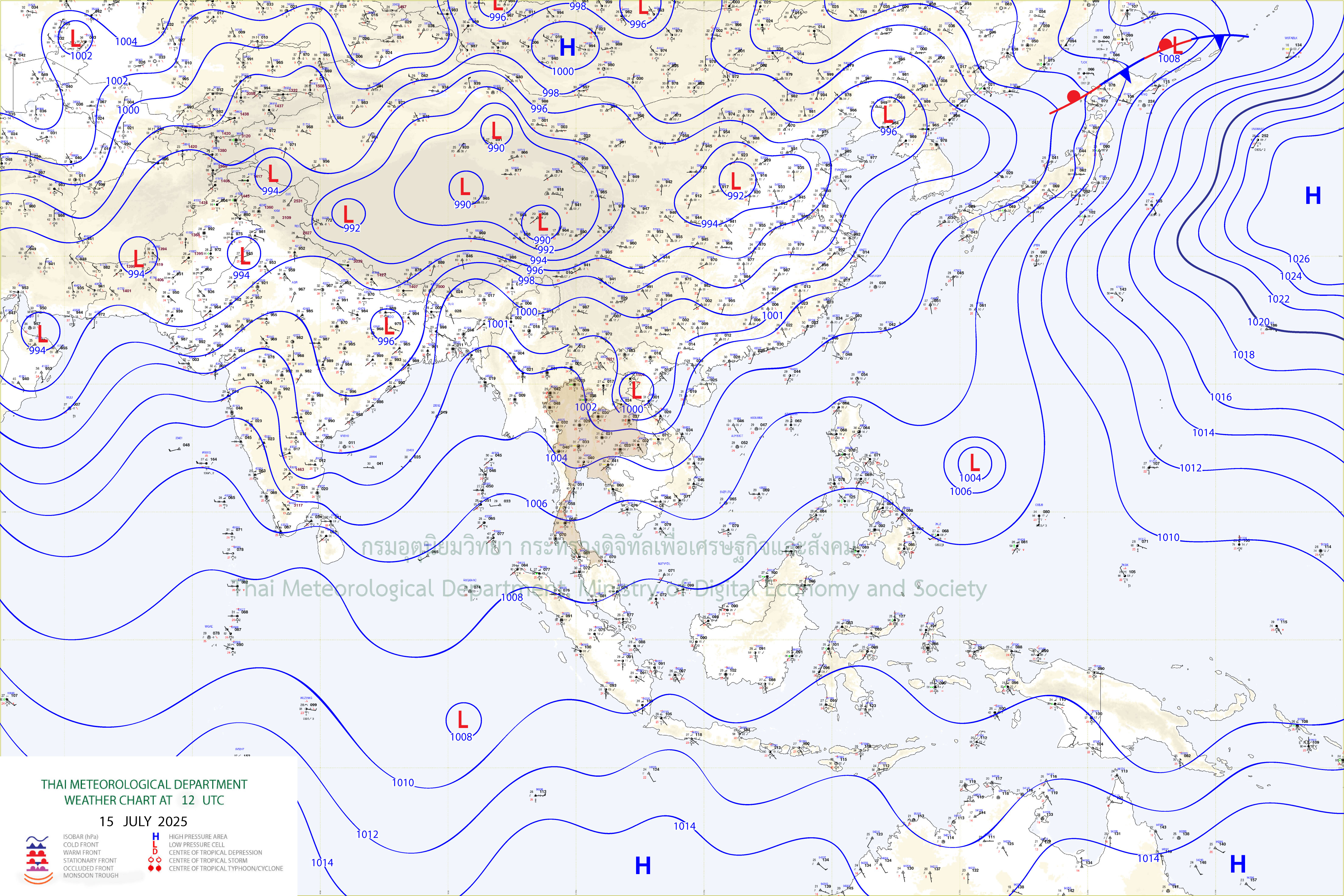 แผนที่อากาศผิวพื้น 15 กรกฎาคม 2568 19:00