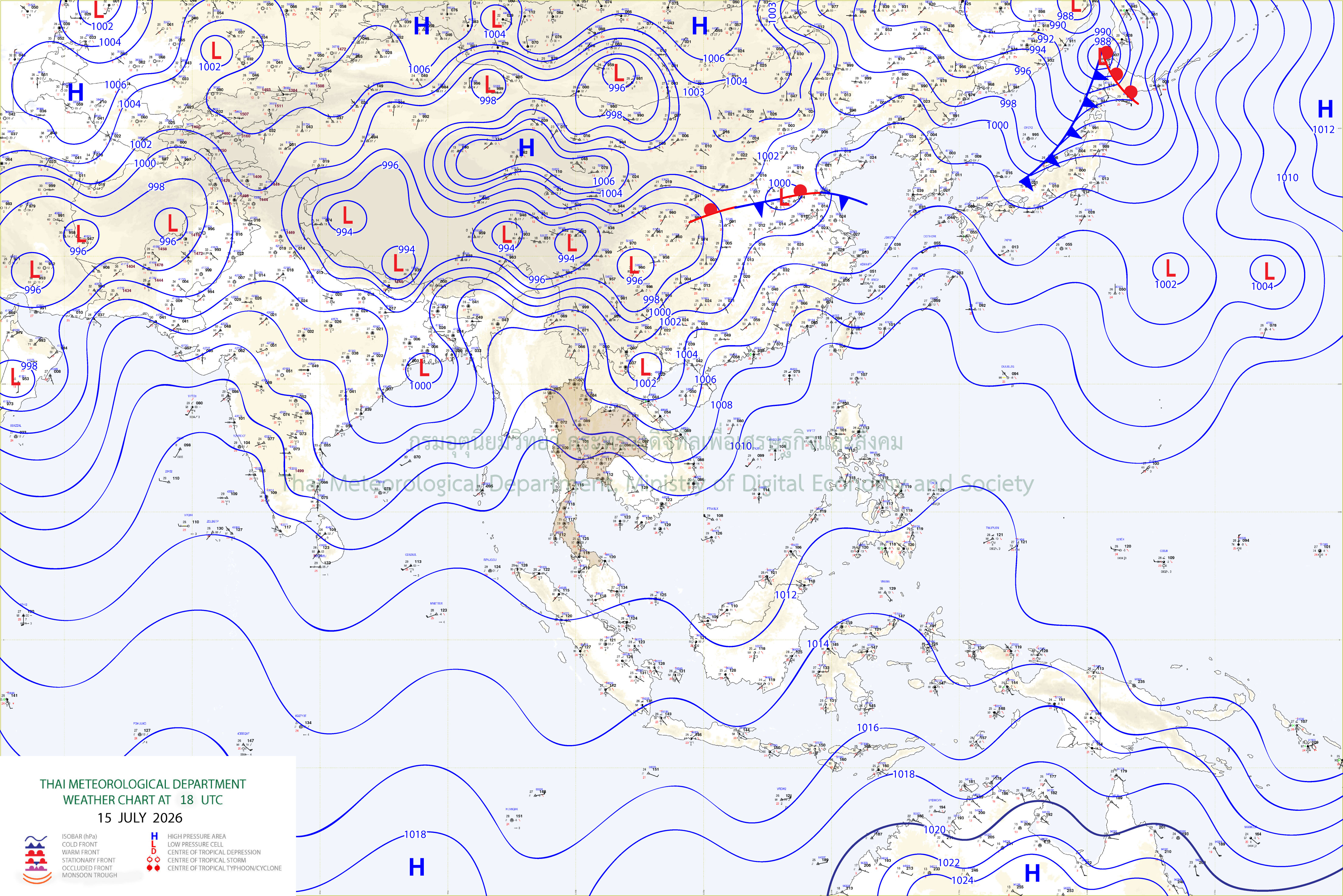 แผนที่อากาศผิวพื้น 16 กรกฎาคม 2569 01:00