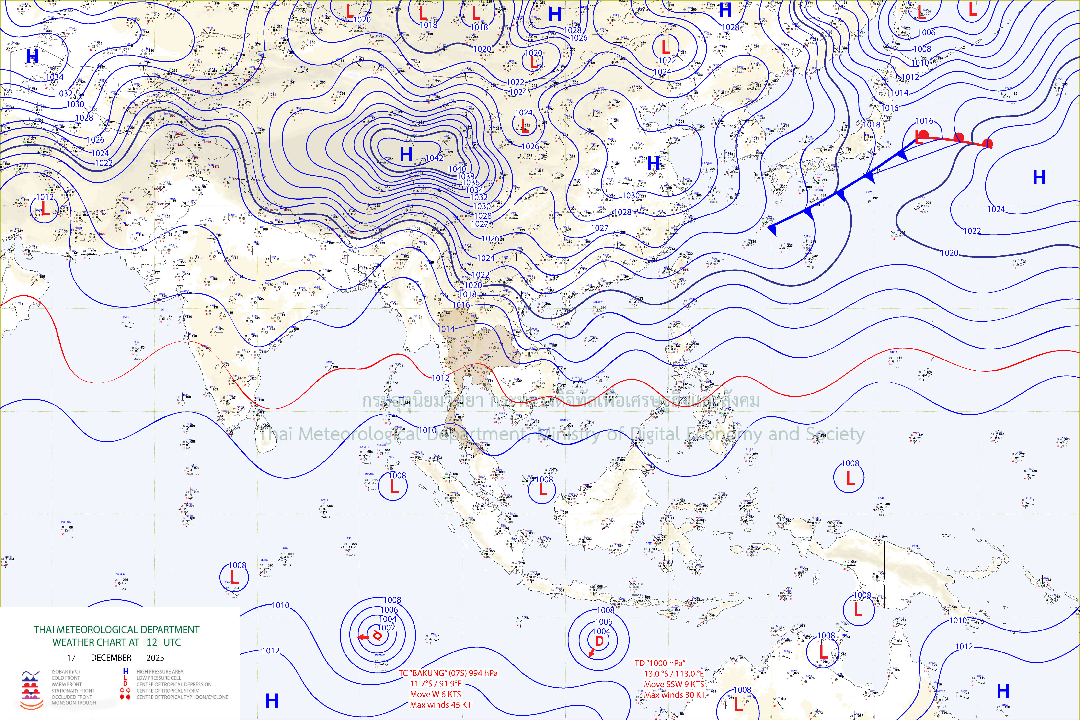 แผนที่อากาศผิวพื้น 17 ธันวาคม 2568 19:00