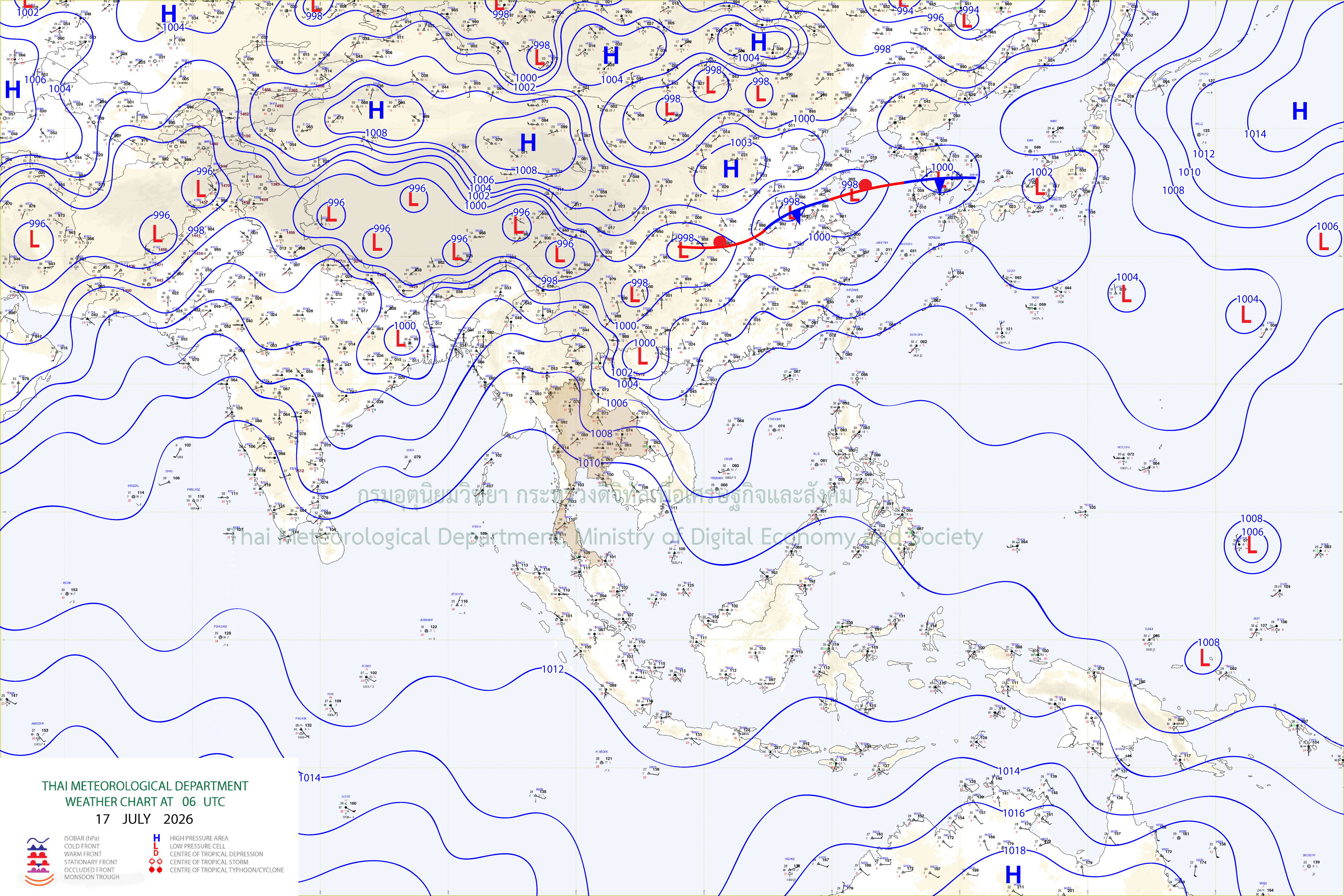 แผนที่อากาศผิวพื้น 17 กรกฎาคม 2569 13:00
