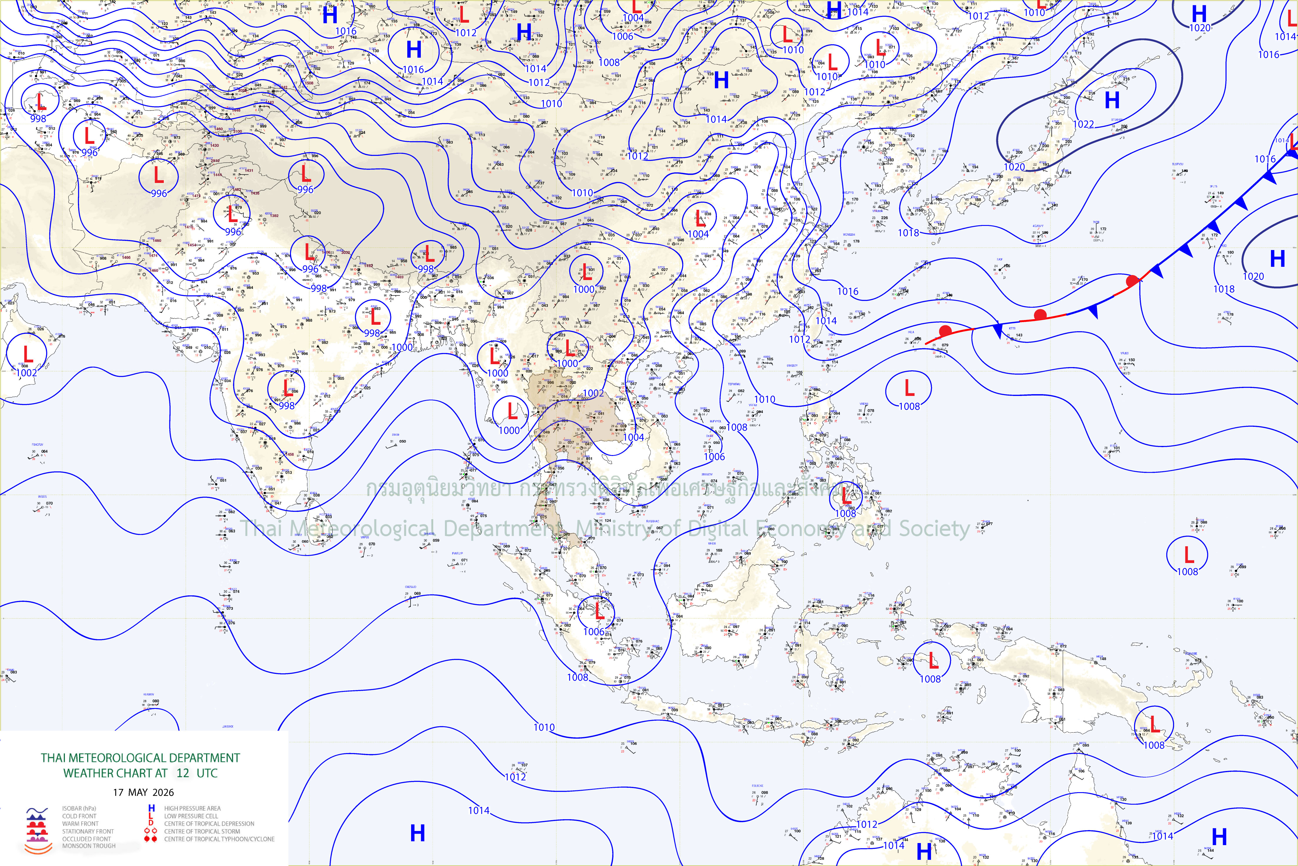 แผนที่อากาศผิวพื้น 17 พฤษภาคม 2569 19:00