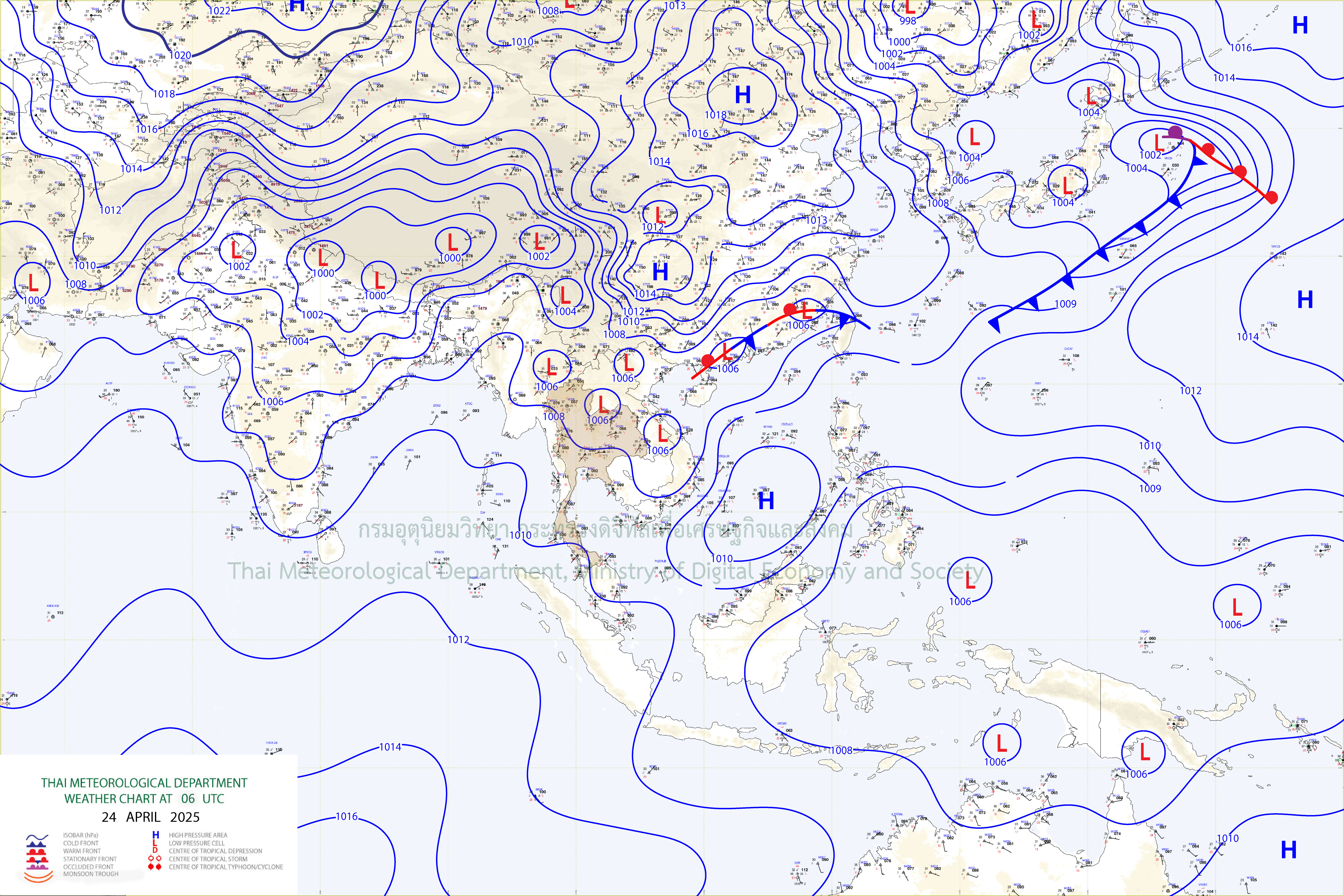 แผนที่อากาศผิวพื้น 24 เมษายน 2568 13:00