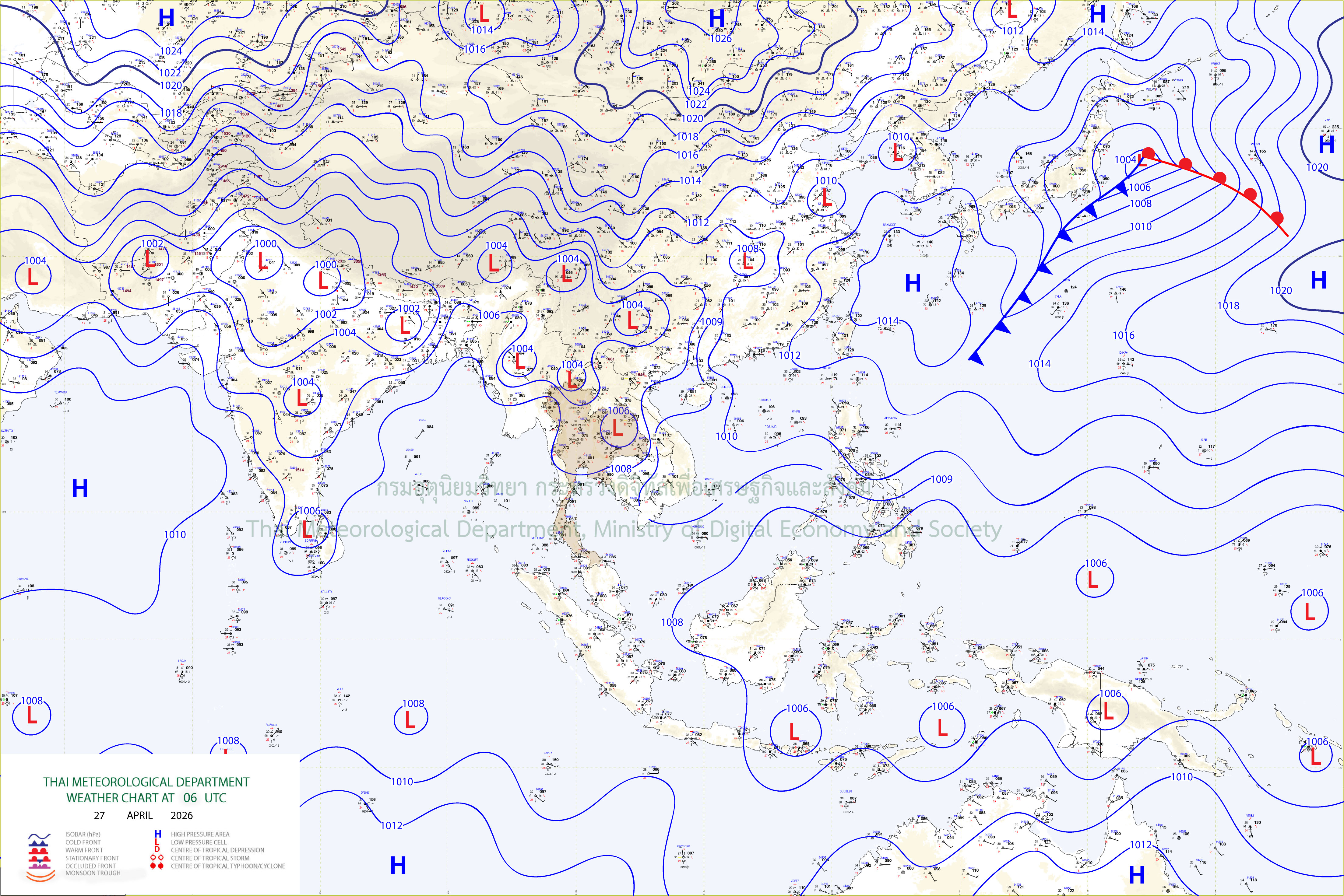 แผนที่อากาศผิวพื้น 27 เมษายน 2569 13:00