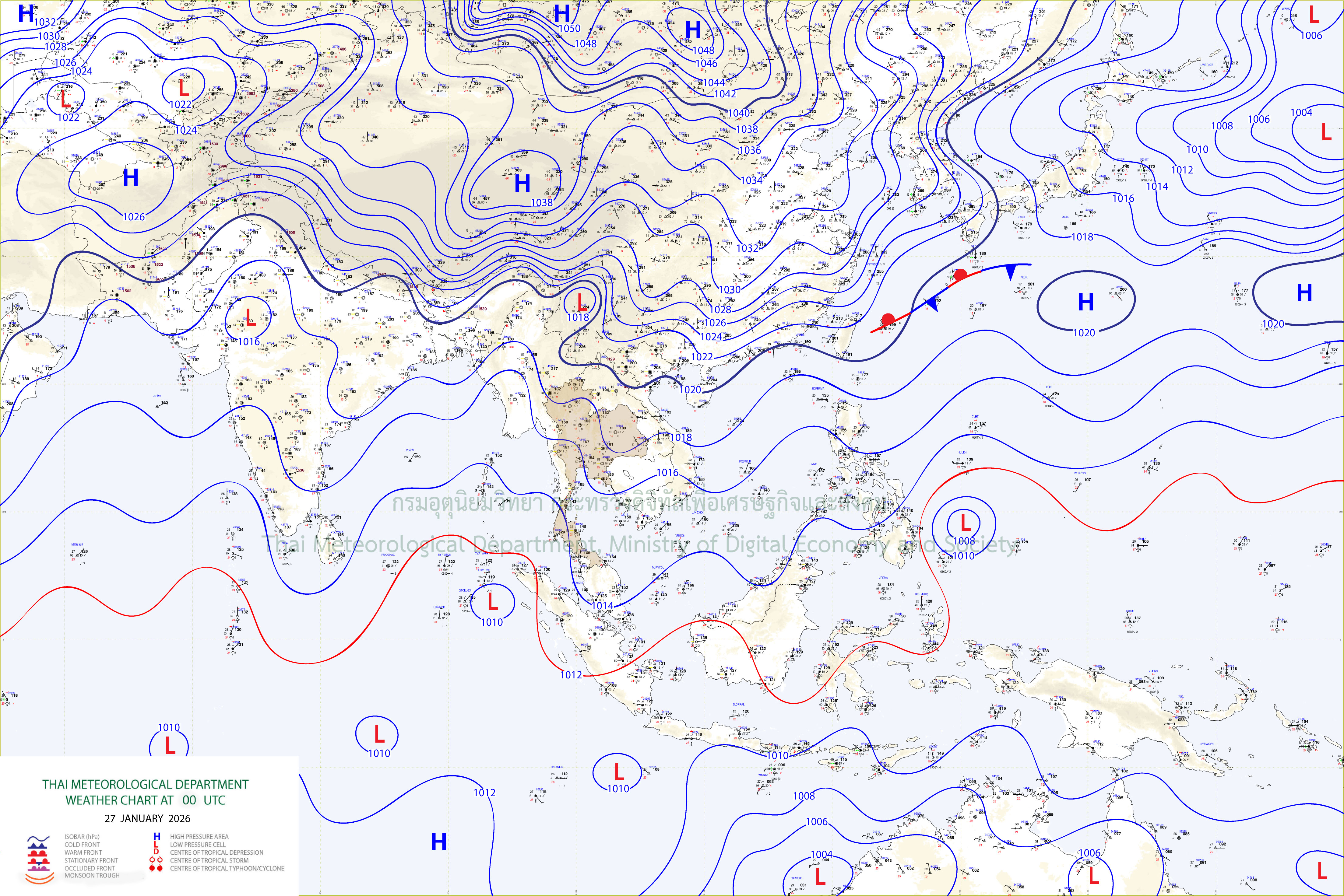 แผนที่อากาศผิวพื้น 27 มกราคม 2569 07:00