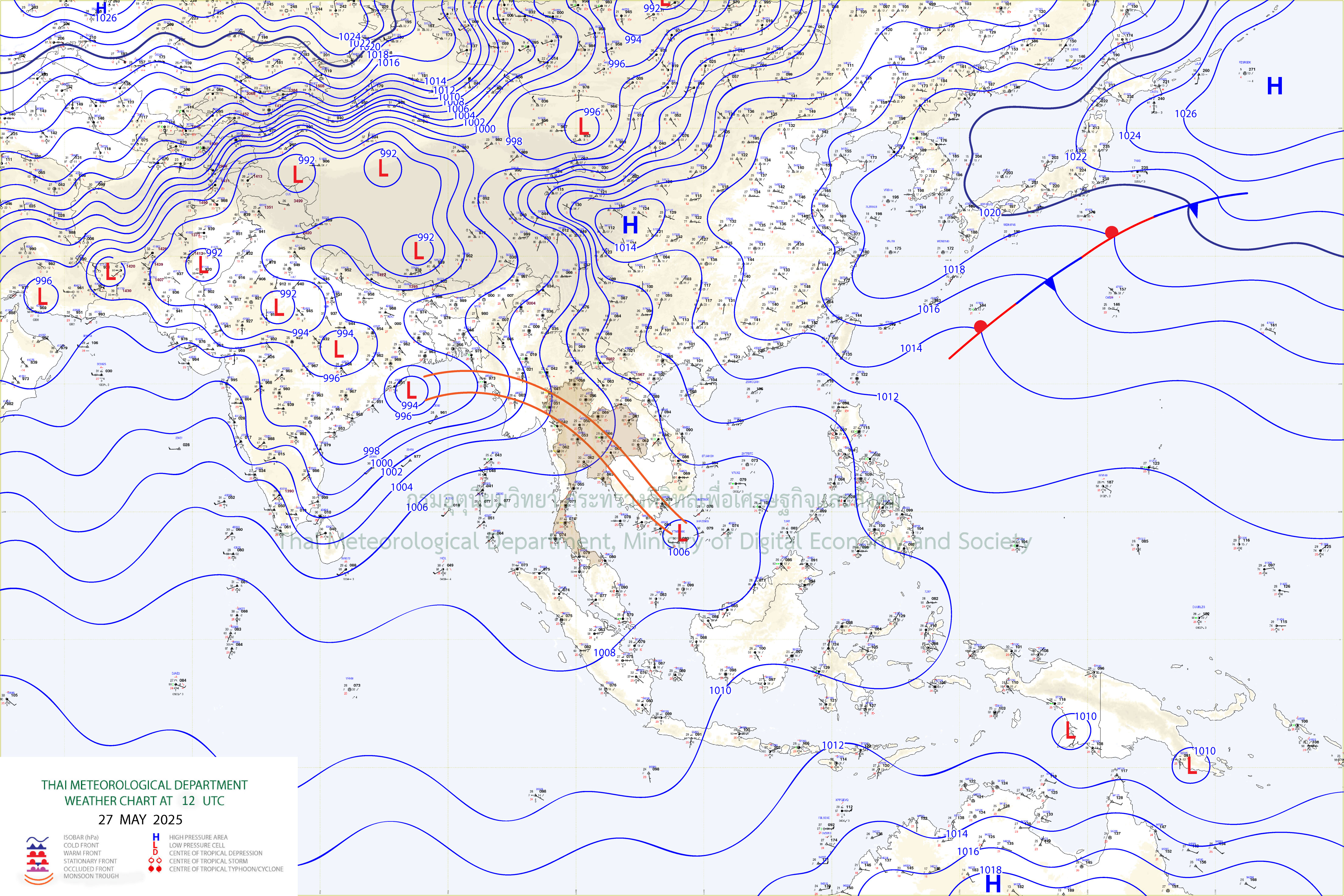 แผนที่อากาศผิวพื้น 27 พฤษภาคม 2568 19:00